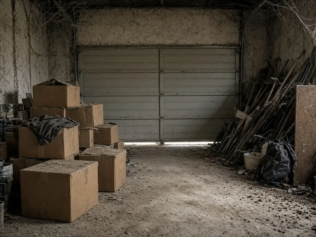 Cluttered garage with cardboard boxes and a gap under the door that draws roaches and mice