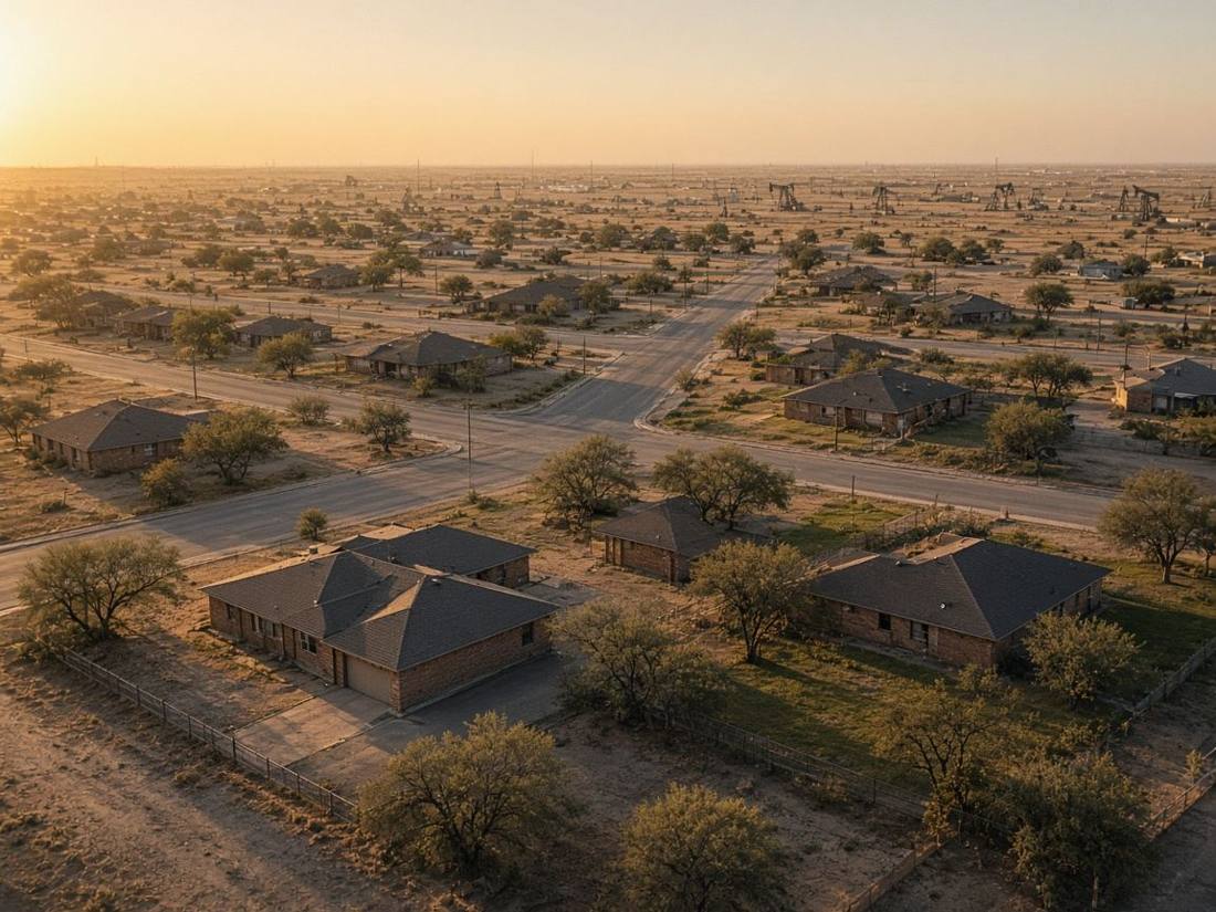 Aerial view of an Odessa, TX neighborhood with brick homes and pumpjacks on the horizon