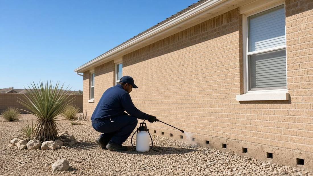 Pest control technician treating the foundation and weep holes of a brick home in Odessa, TX