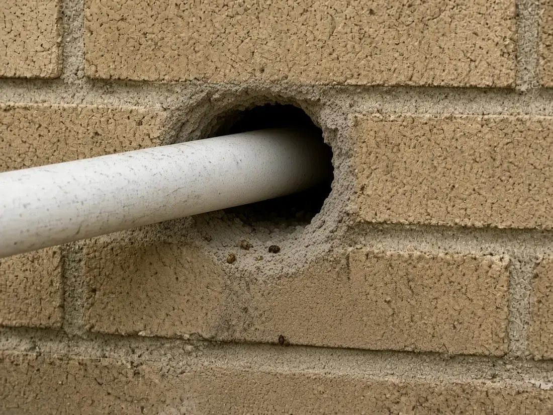 Gnawed rodent entry gap around a pipe in a brick wall with droppings below