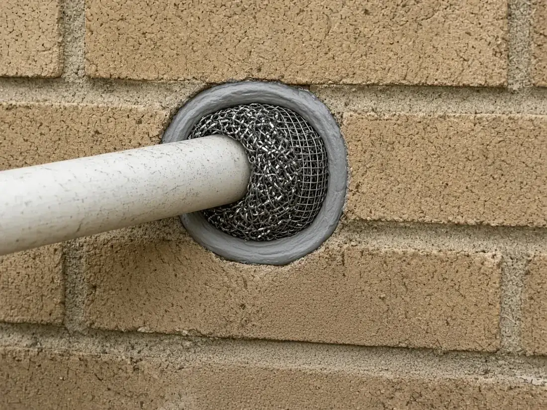Pipe gap in a brick wall sealed with steel mesh for rodent exclusion